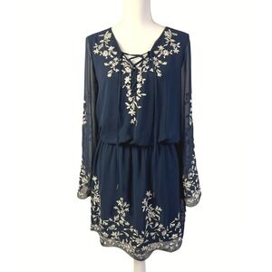 White House Black Market Fairycore Embroidered Dress Lace Up Sheer Sleeve Size 2